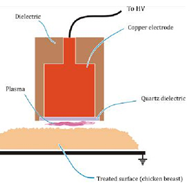 Schematic for application of DBD plasma to a surface (chicken breast). The robe is an electrode, and its surface is covered in a material that is an electric insulator (dielectric), which prevents current flow. The surface being exposed acts as the second electrode, and the plasma is bound between this dielectric surface and the surface being treated.